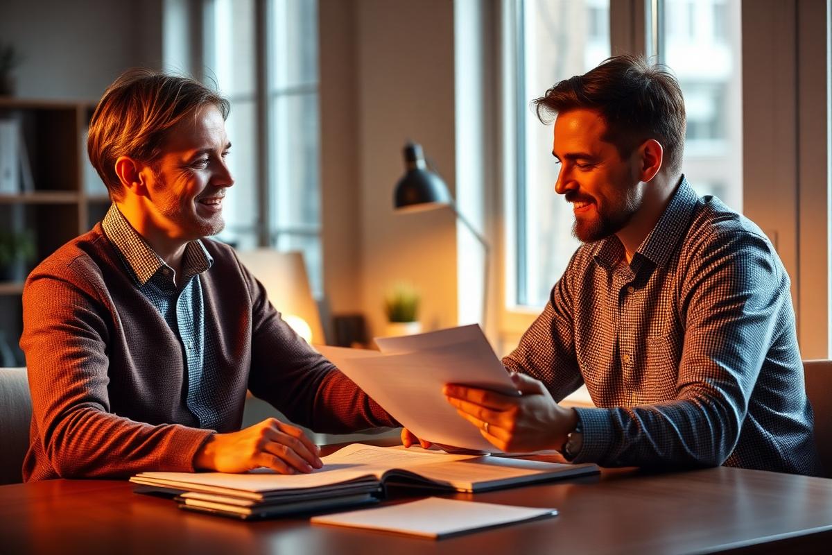 Twee mensen in gesprek aan een bureau, papieren rustig samen bekijkend